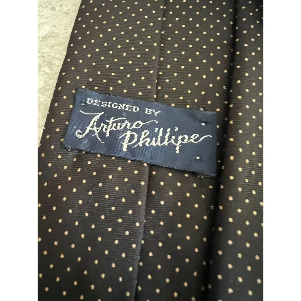 Arturo Phillipe Men's 100% Imported Silk Neck Tie Black w Brown Polka Dots JL